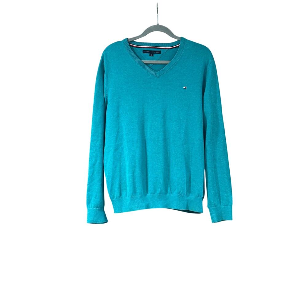 Tommy Hilfiger teal V-neck, long sleeve 100% cotton sweater men’s large